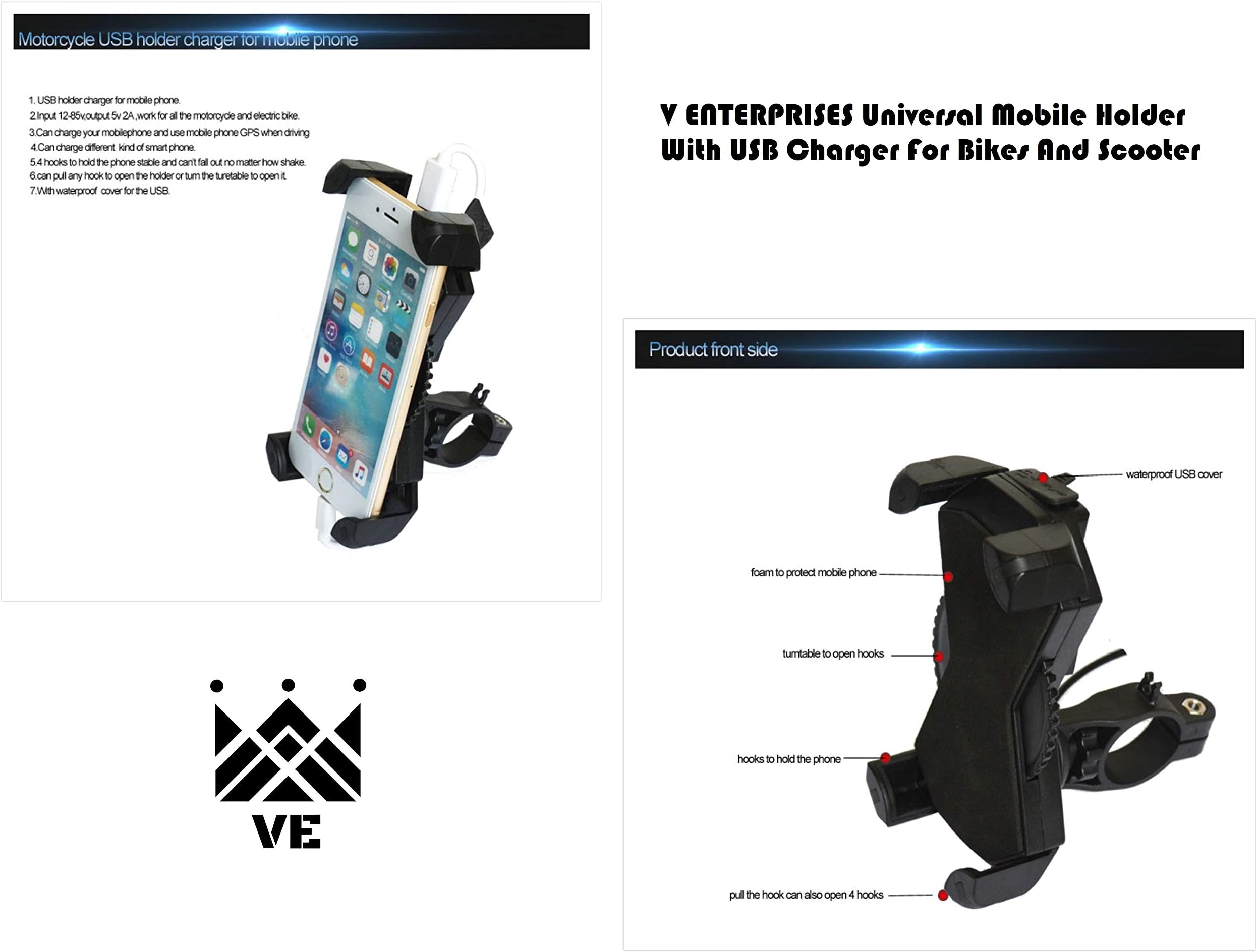 V Enterprises Motorcycle Phone Mount with USB Charger for Bikes and Scooters (Black)