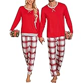 SWOMOG Couples Pajama Sets Women & Men Long Sleeve Sleepwear Top Plaid Pants Loungewear Set with Pockets
