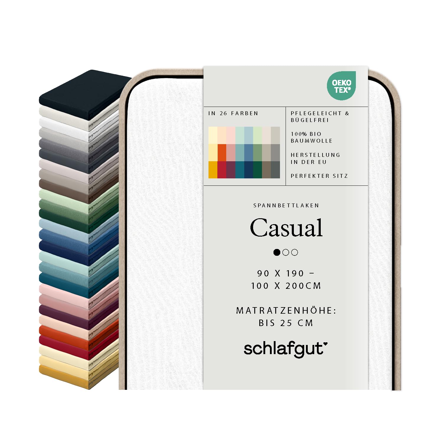 schlafgut Casual fitted sheet, 100% organic cotton, Soft and breathable, OEKO TEX certified, No elastic (Full-White, S 90x190cm - 100x200cm)
