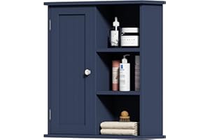 Treocho Bathroom Wall Cabinet, Medicine Cabinet with Door and 3 Open Shelves, Wall Mounted Storage Organizer for Bathroom, Kitchen, Living Room, Blue