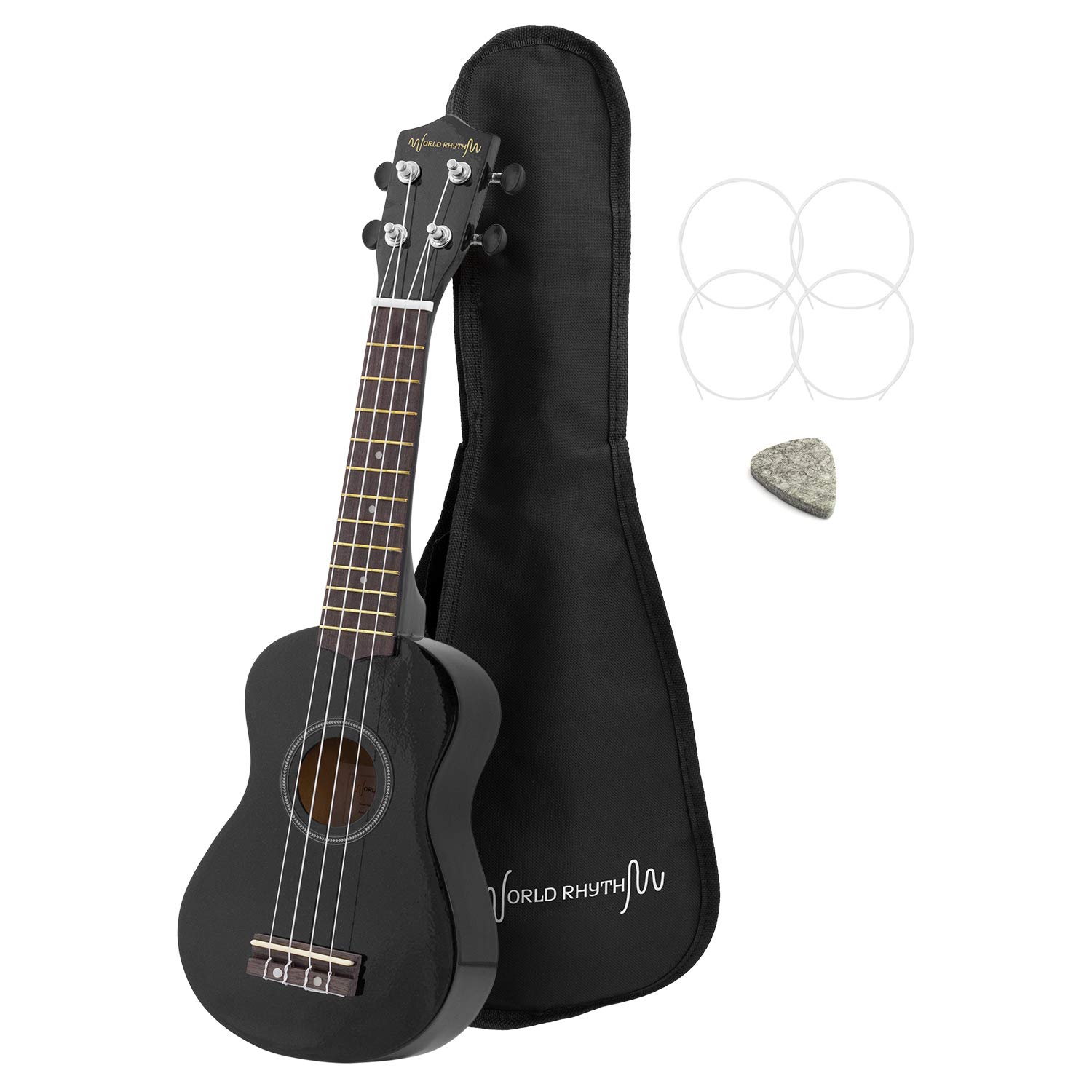 World Rhythm Soprano Ukulele – Premium Beginner Soprano Uke in Black Finish with Gig Bag, Spare Ukulele Strings & Felt Pick – Fitted with Aquila Strings