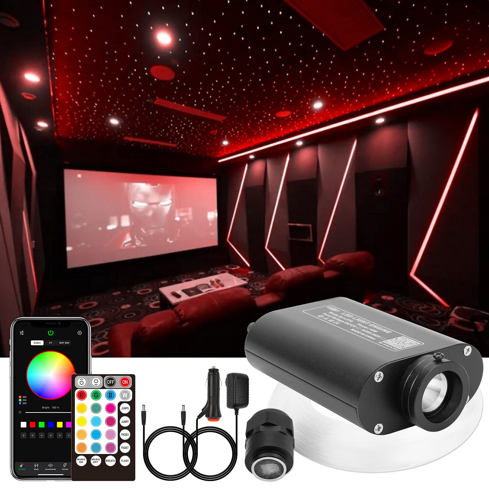 CHINLY Bluetooth 16W RGBW LED Fiber Optic Star Ceiling Lights Kit APP/Remote Control 550pcs*0.03in*13.1ft Optical Fiber for Home/Car