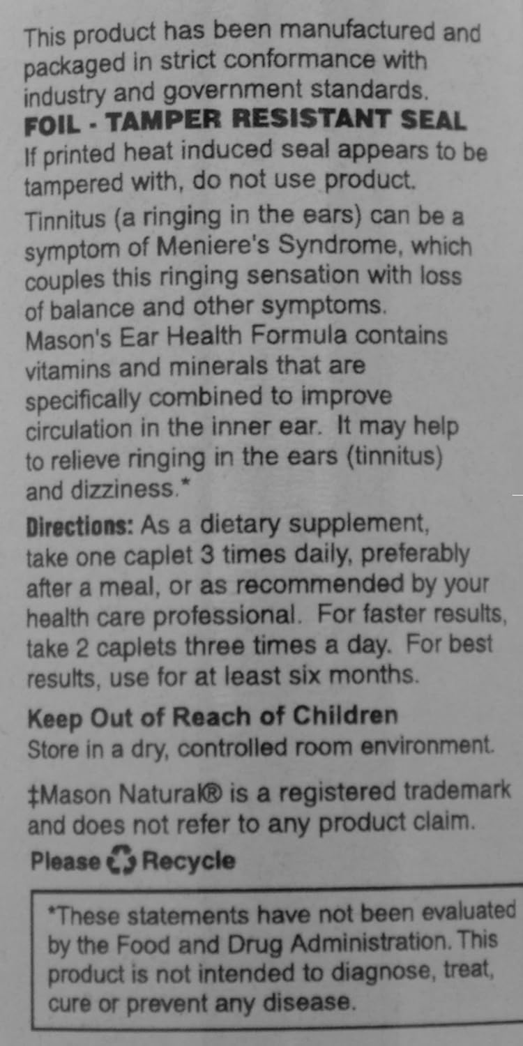 Mason Natural Advance Ear Health Formula Bioflavonoids Plus 100 Caplets per Bottle Pack of 2 Total 200 Caplets: Health & Personal Care
