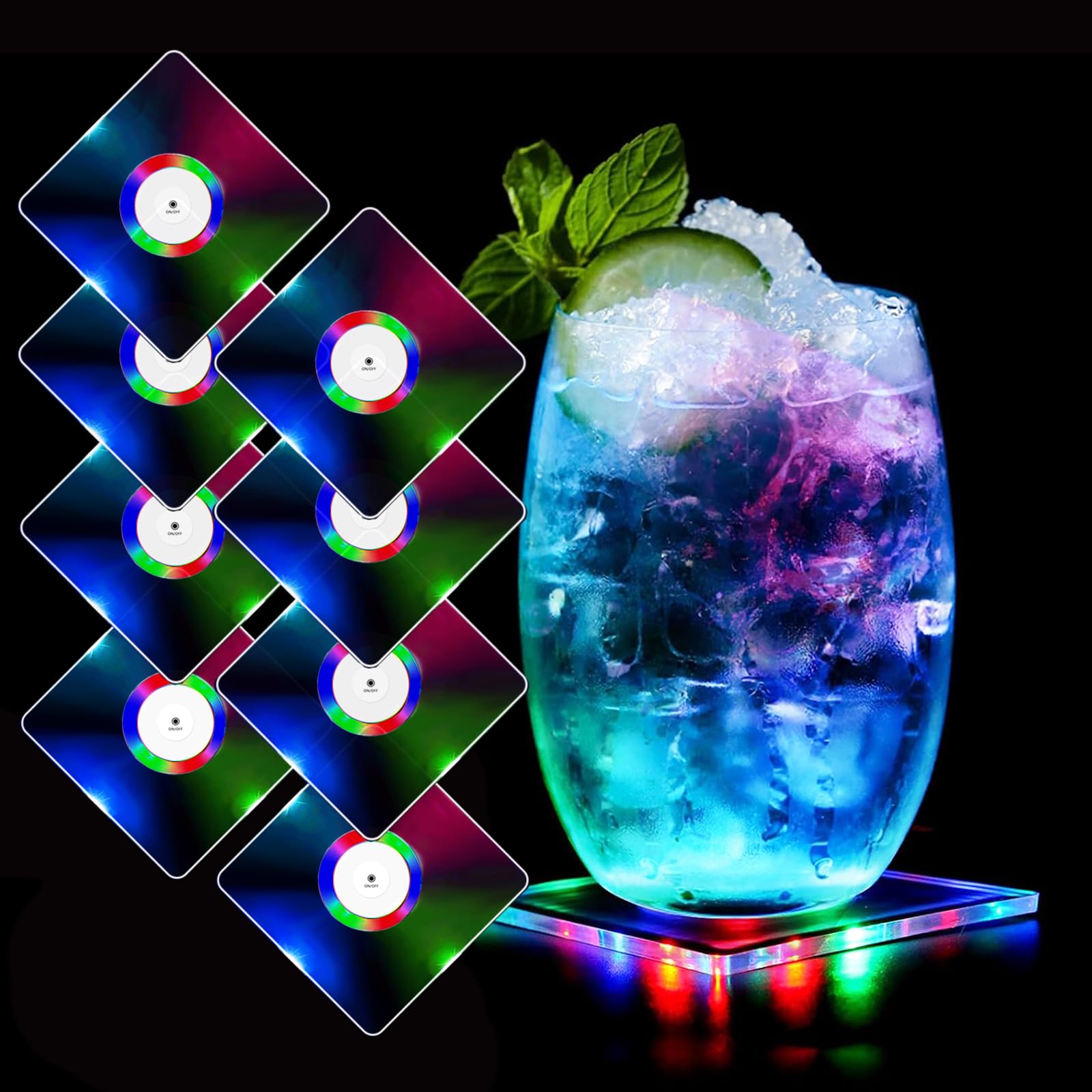 MEDOYOH Set of 8 Square Colour LED Coasters for Drinks, ON/OFF Disposable Daily Waterproof Acrylic Light Up Coasters for Beer Cocktail Parties Weddings Bar Christmas Home Pub