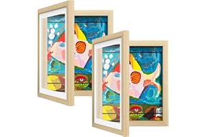 AFEION 2 Pack Kids Art Frame, Kids Artwork Frames Changeable 8 x10.5 with Mat and 9 x12 Without Mat, Woodgrain Front Opening Children Picture Storage Frame for Wall Holds 50Pcs Crafts, Drawing, Art Projects
