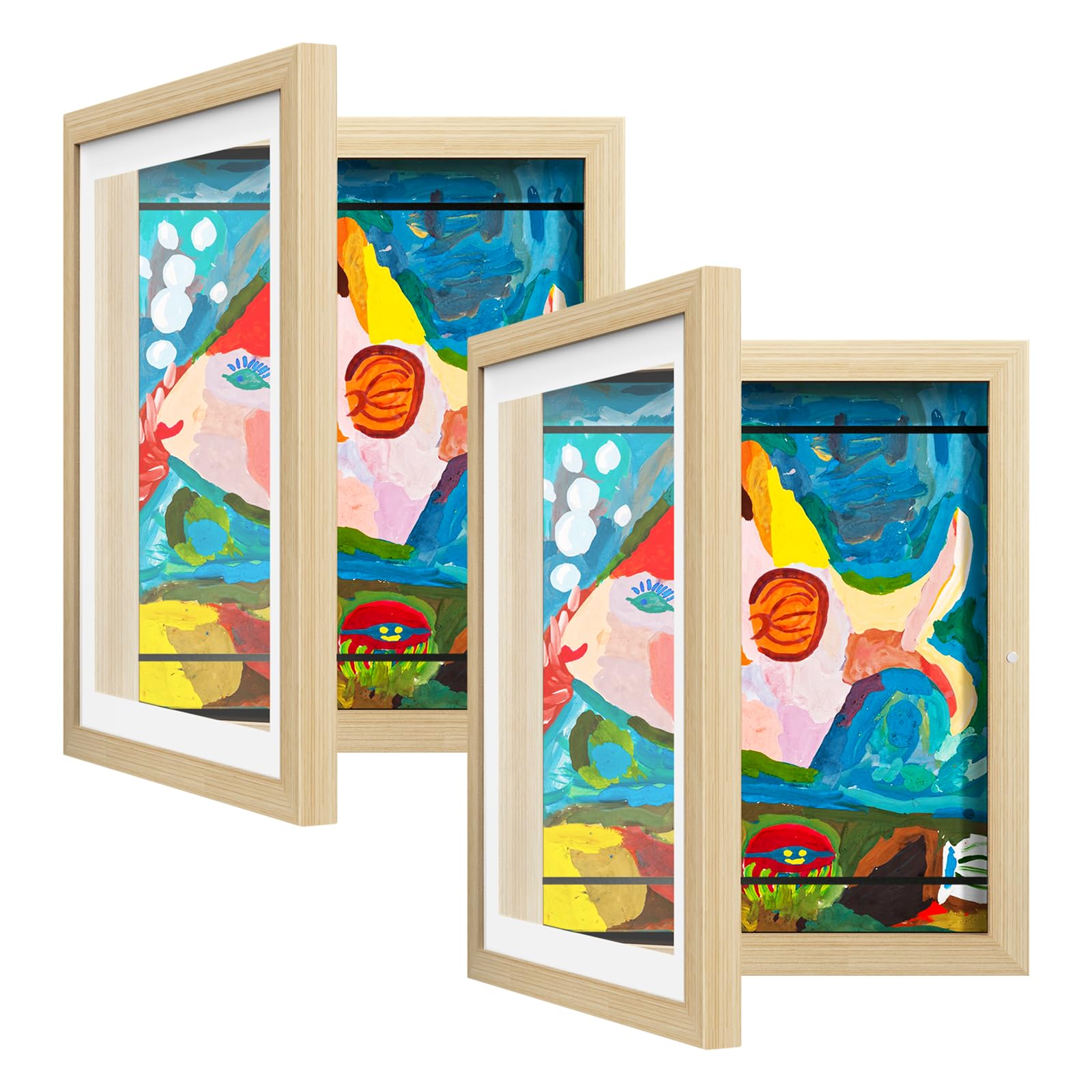 Photo 1 of 2 Pack Kids Art Frame, Kids Artwork Frames Changeable 8 x10.5 with Mat and 9 x12 Without Mat, Woodgrain Front Opening Children Picture Storage Frame for Wall Holds 50Pcs Crafts, Drawing, Art Projects