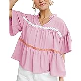 APAFES Womens Summer Babydoll Tops Cute V Neck Short Sleeve Shirts Loose Fit Peplum Blouse