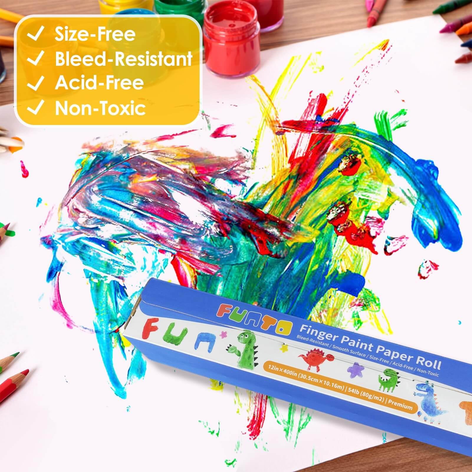 Funto Finger Paint Paper Roll, 12''x400'', Size-Free, White, Large Paint Paper for Toddlers, Art Paper for Kids, Paper for Painting, Easy to Cut