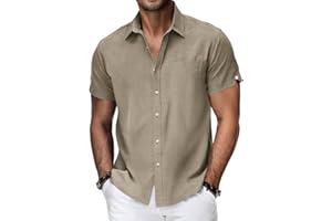 Mens Short Sleeve Dress Shirts Cotton Linen Summer Button Down Shirt for Business Work Comfy Casual Collared Shirt