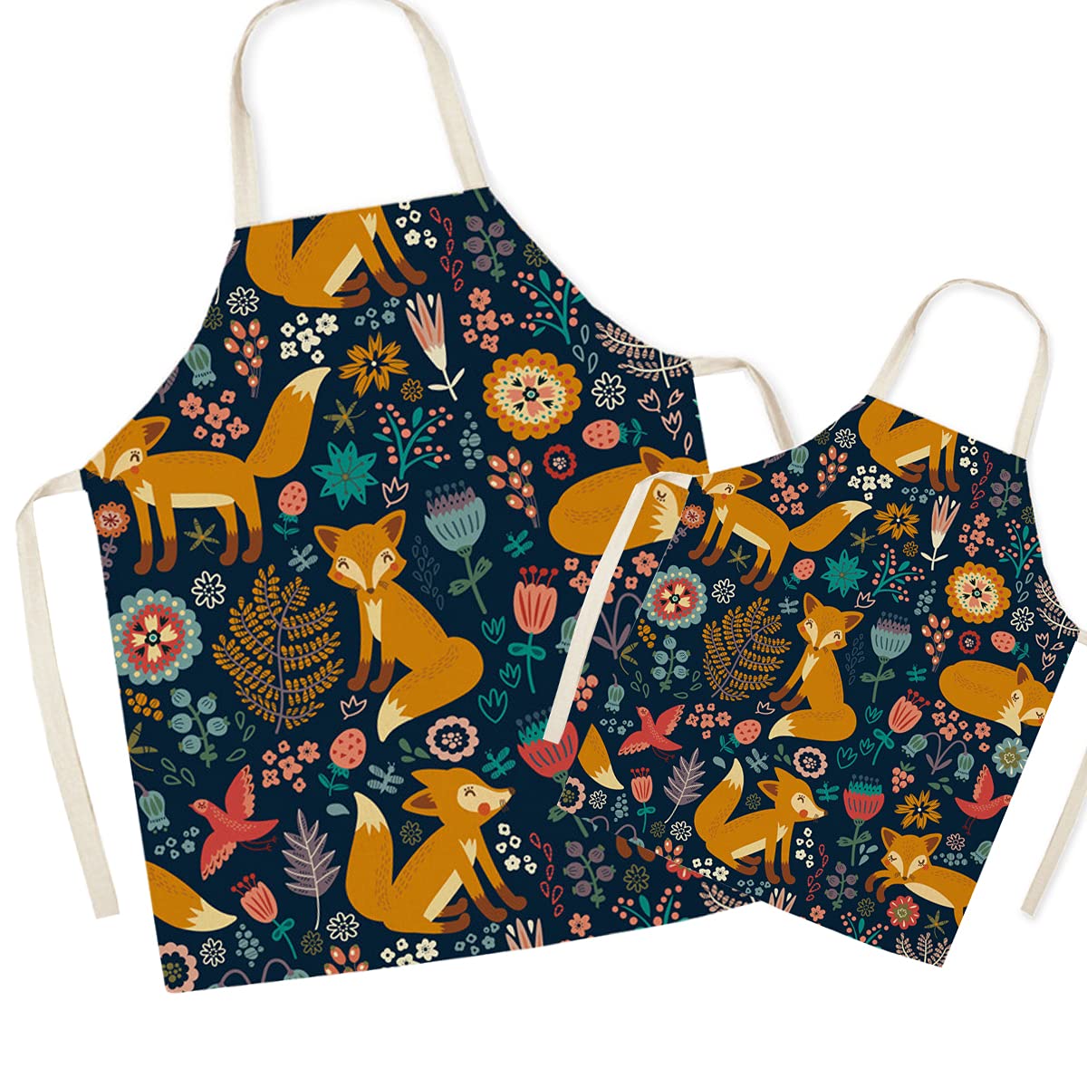 FOMAISELF Linen Parent and Child Cooking Apron - Cute Fox Pattern Mum and Kids Apron, Mummy Son Daughter Aprons for Cooking Baking Painting Party