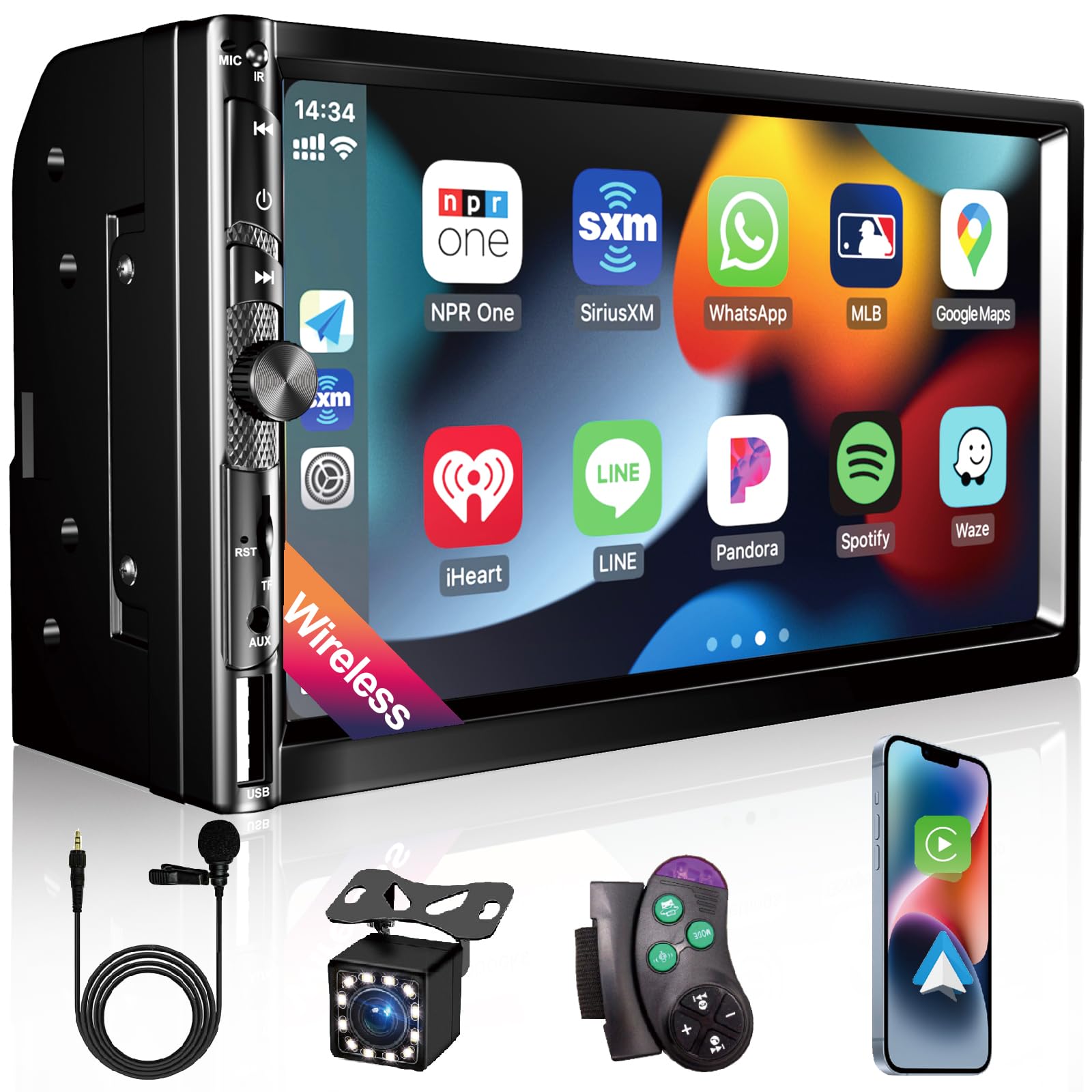 Photo 1 of 7 Inch Car Stereo with Wireless Apple CarPlay,Double Din Car Radio Androdi Auto,Bluetooth 5.2,IPS 1024 * 600 Display,FM Radio, Backup Camera,Online Navigation,178 * 100mm,Car Audio Receivers