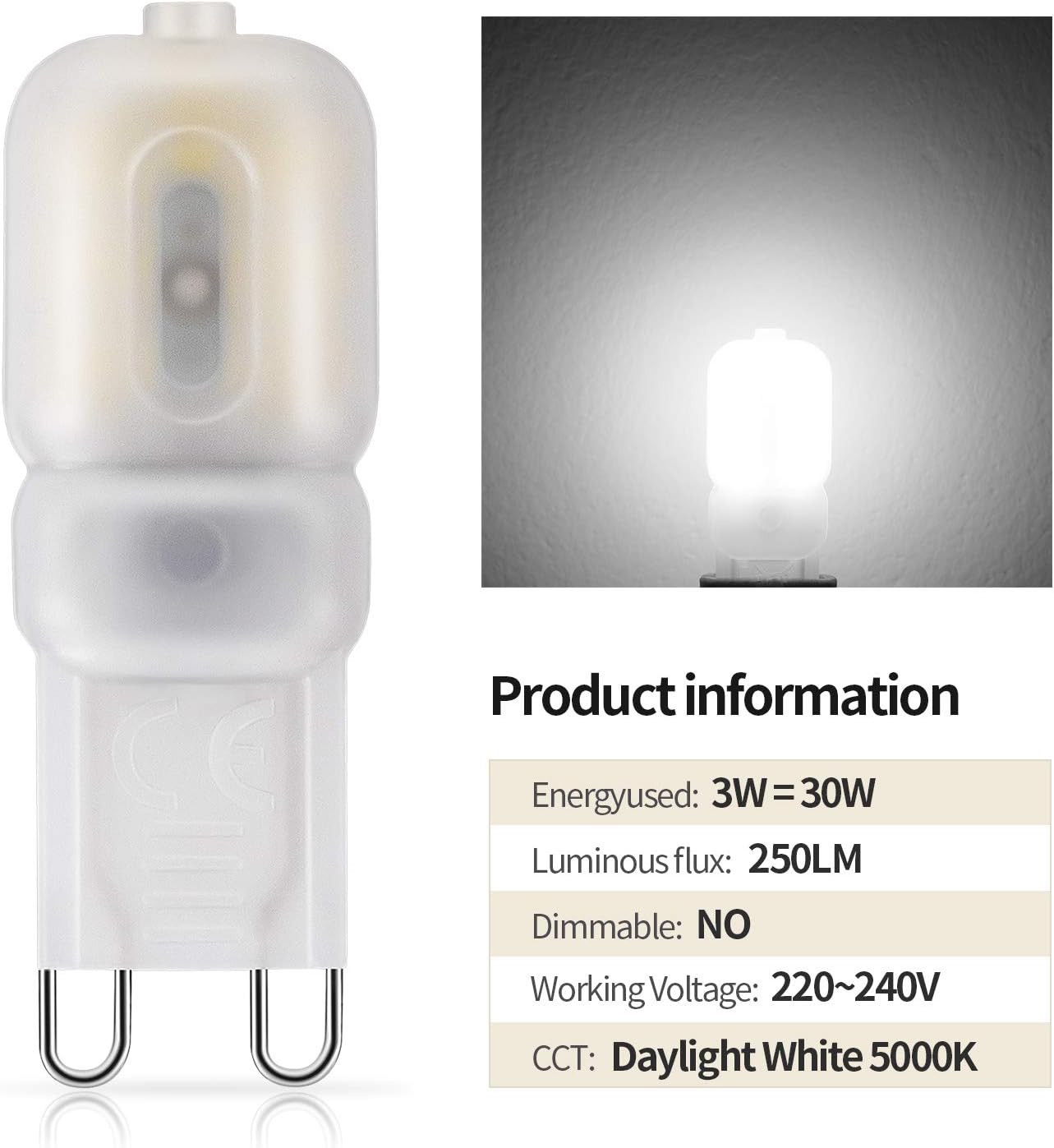 DiCUNO G9 LED Bulb 2W, Equivalent to 20W Halogen, 200LM, Daylight White 5000K, Not Dimmable, 220-240V - Image 4