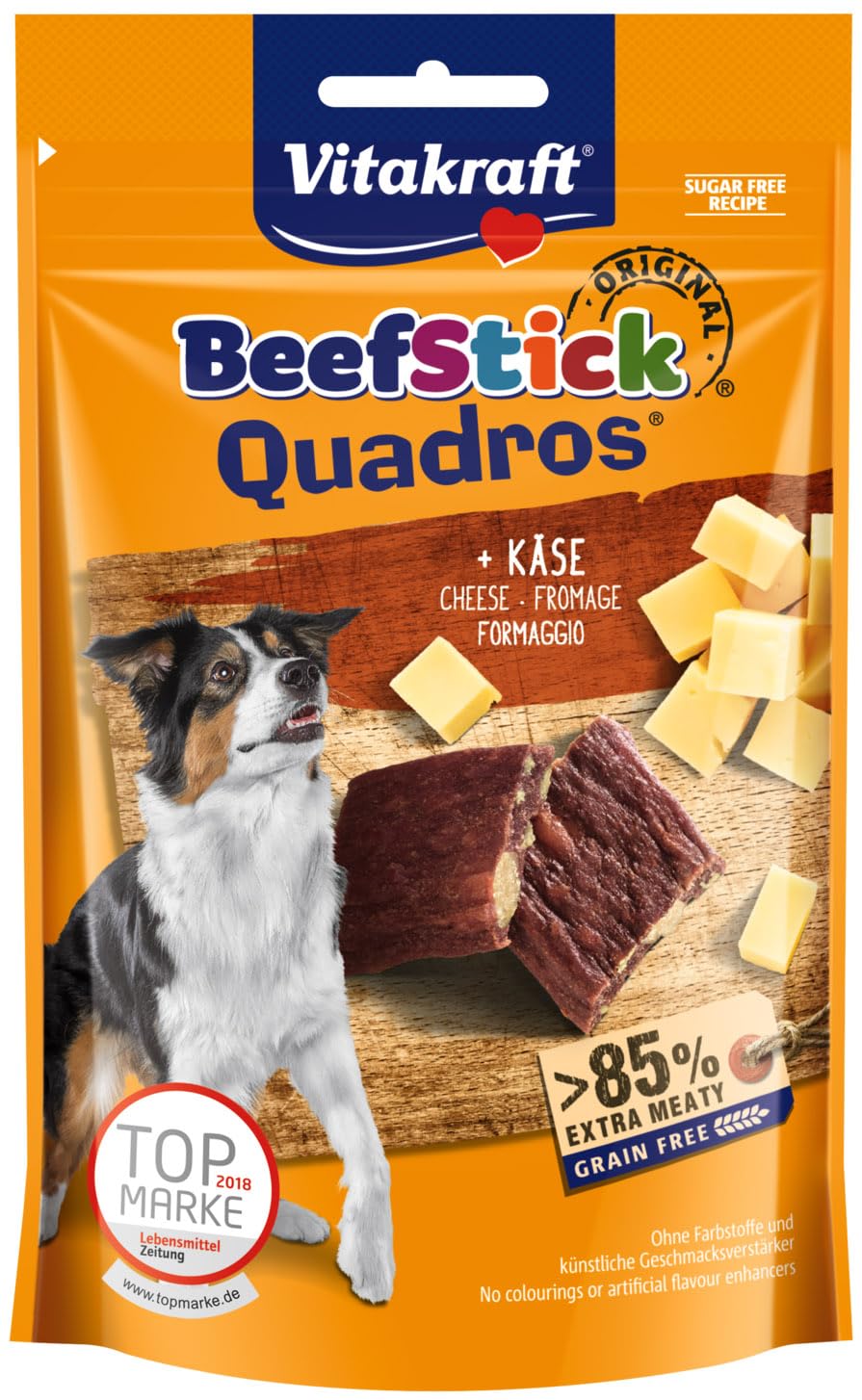 Vitakraft Beef Stick Quadros, Hundeleckerlie, extra fleischig, mit Käse, zum Belohnen und Verwöhnen (1x 80g)