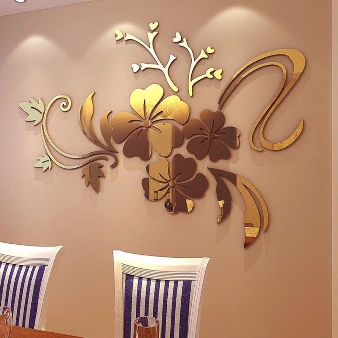 IGEMY 3D Mirror Floral Art Removable Wall Sticker Acrylic Mural Decal Home Room Decor (Gold)