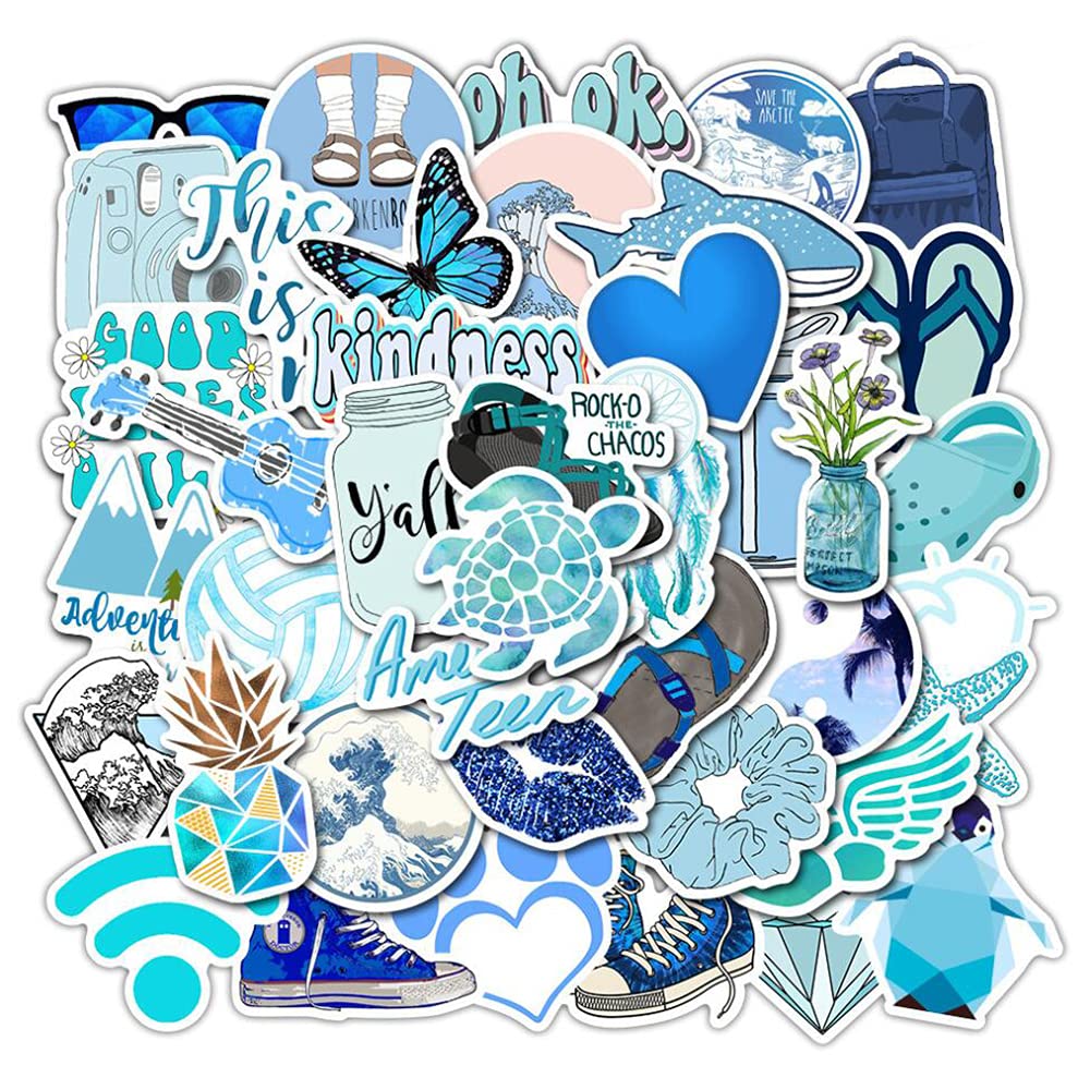 Girl's Blue Aesthetic Stickers - Waterproof Cute Stickers 50 PCS for Water Bottle, Laptop, Phone - Teens & Kids