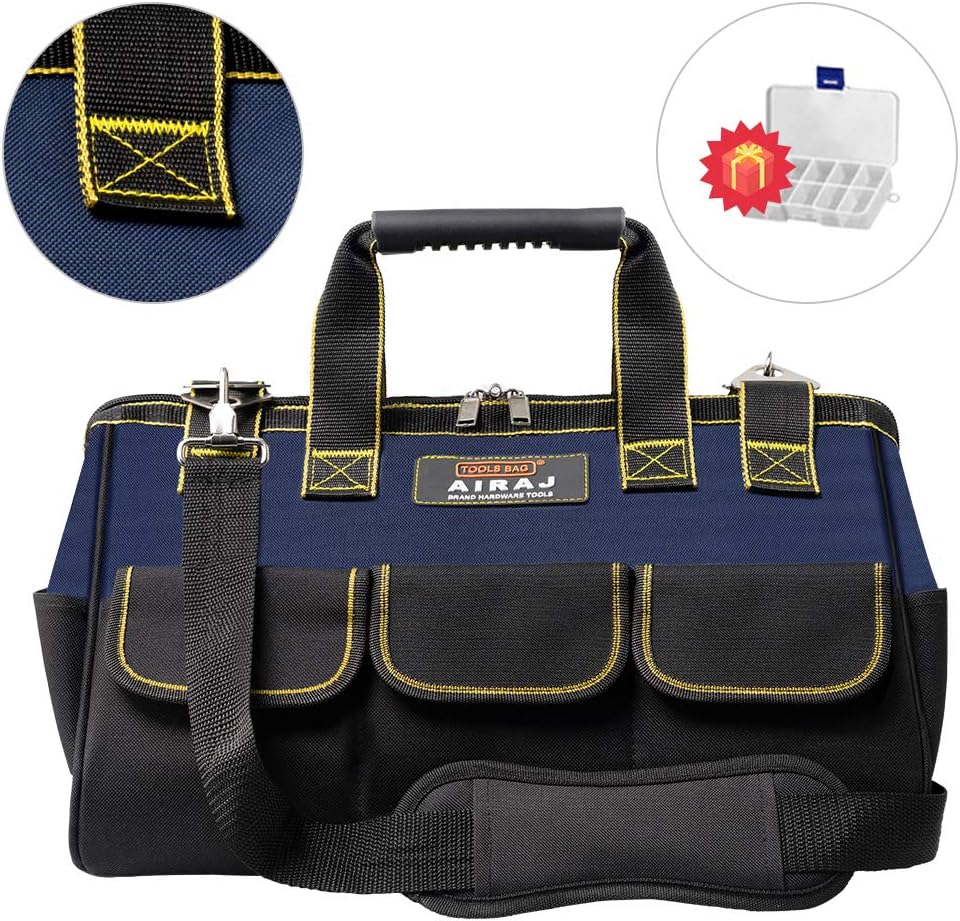AIRAJ 18 inch Tool Bag Large Capacity Tool Organizer with Adjustable Shoulder Strap Zip-Top Opened Fabric Tool Bag for Men, Gift MINI Parts Box - - 