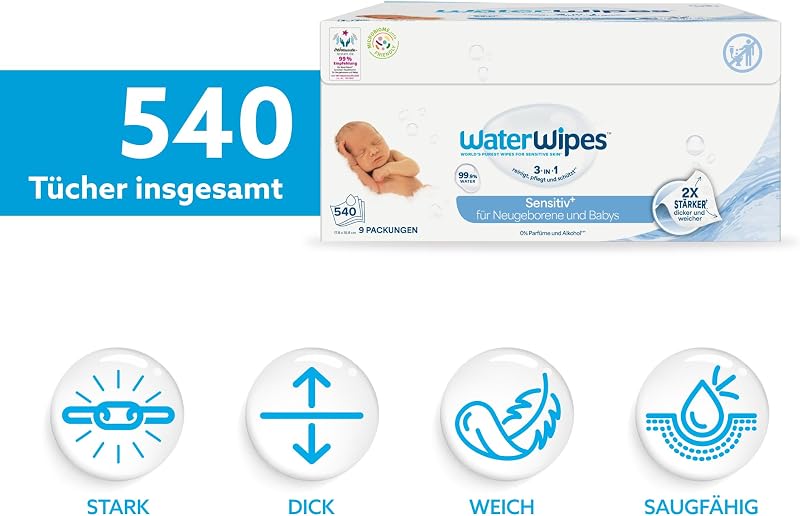 Sensitive+ Newborn & Baby Wipes, Feuchttücher für Neugeborene und Babys, 540 Stück (9 Packungen), 3-in-1-Reinigung, Pflege, Schutz, 99,9% Wasser, parfümfrei