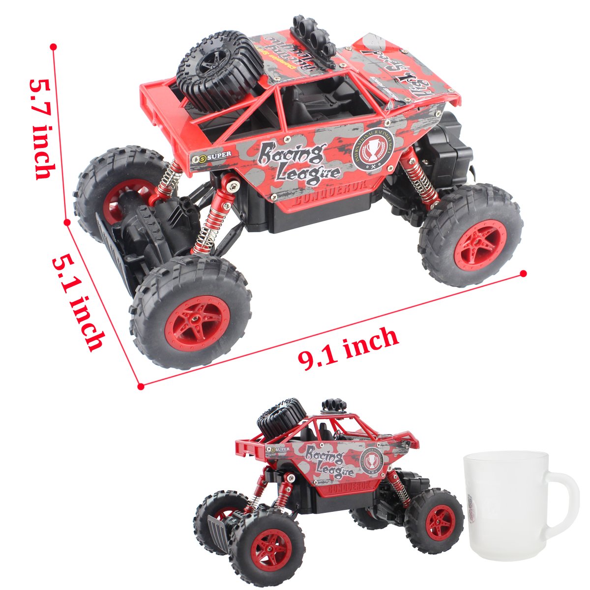 Hugine Mini Size 1:20 Upgrade Version Rock Crawler RC Car Off Road Rechargeable Remote Control Car 4x4 Dune Buggy Radio Control Monster Truck 2.4Ghz Toy (Red)