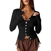KIGRAD Womens Open Front Button Up Cropped Cardigan Ribbed Knit Long Sleeve Shirt Casual Solid Crop Top Cardigan Sweater