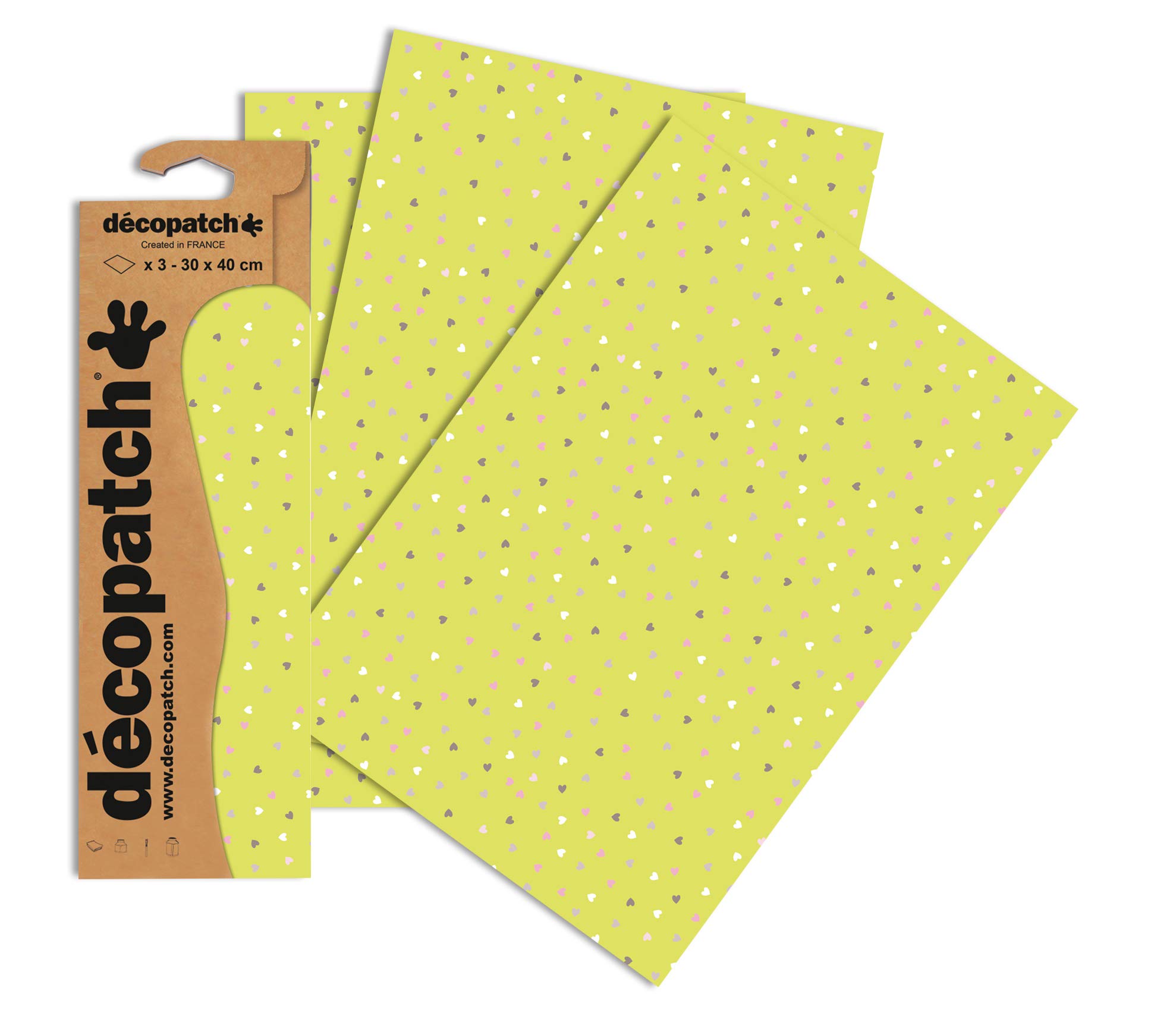 Décopatch - Ref C687O - Green Mini Heart Pattern Paper Pack - Each Sheet 30 x 40cm, Pack of 3 Paper Sheets - Best Used With Décopach Glue & Varnish, Green