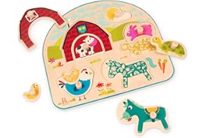B. Toys – Wooden Peg Puzzle – Animal Peg Puzzle for Toddlers, Kids – 8 Chunky Pieces – 18+ Months – Animal Barnyard