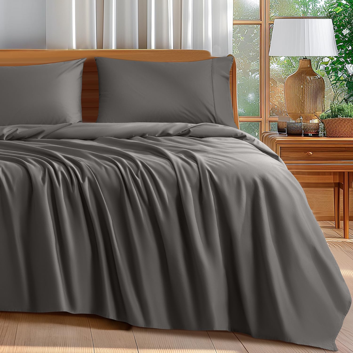 Shilucheng 100% Cotton Queen Size Sheets Set - 600 Thread Count,Luxury Egyptian Cotton Bed Sheets,5-Star Hotel Quality Sheets, Breathable & Cooling, 16 Inch Deep Pocket - 4 Piece (Dark Grey, Queen)