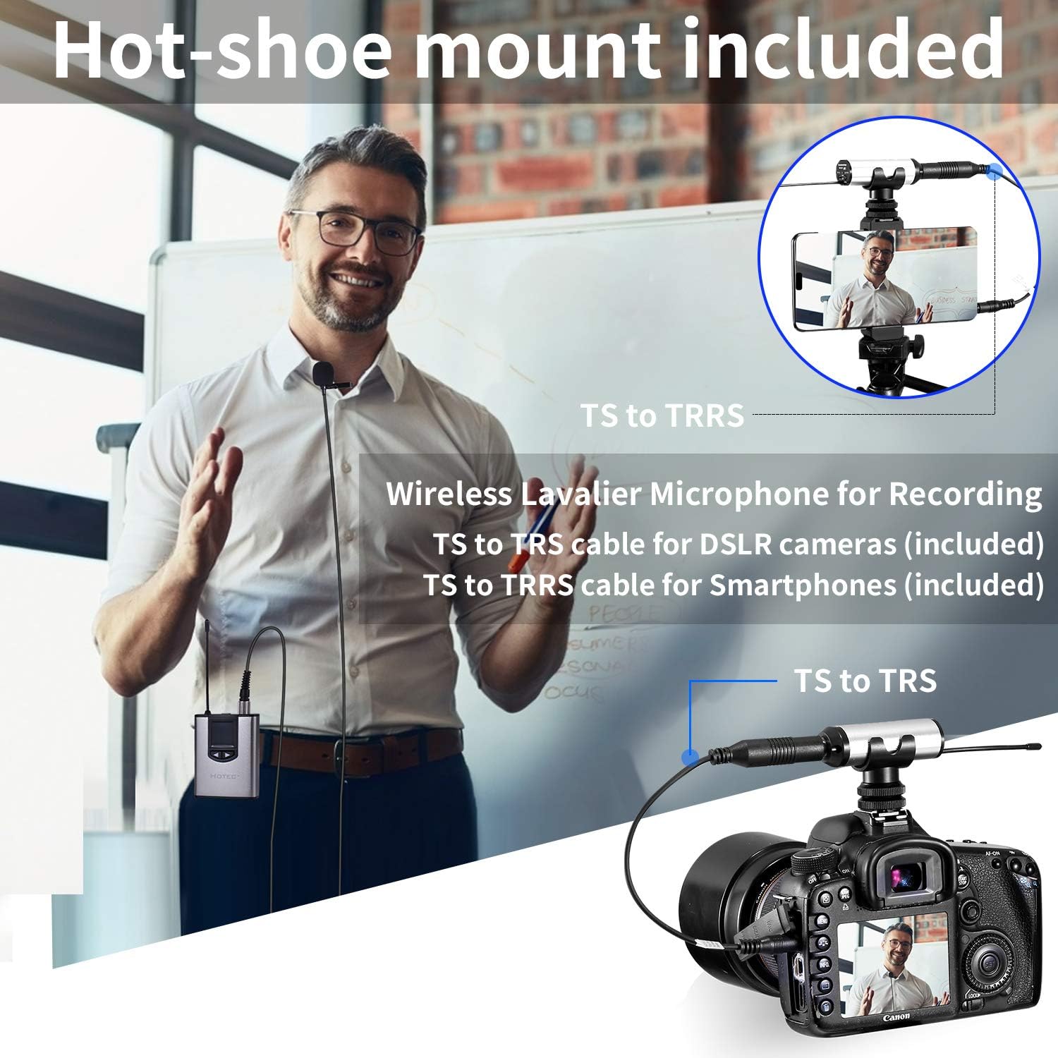 Hotec UHF Wireless Headset Microphone/Lavalier Lapel Mic with Bodypack Transmitter and Mini Rechargeable Receiver 1/4" Output, for Live Performances, Support Phone: Musical Instruments