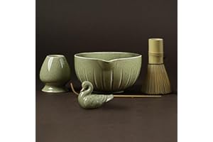 YIKG Matcha Whisk Set - 5PCS Matcha Kit for Ceremony, Ceramic Matcha Set Bowl with Spout, Bamboo Whisk(Chasen) with Ceramic Holder, Ideal Gift Christmas, Birthday, Anniversary (Matcha Green)