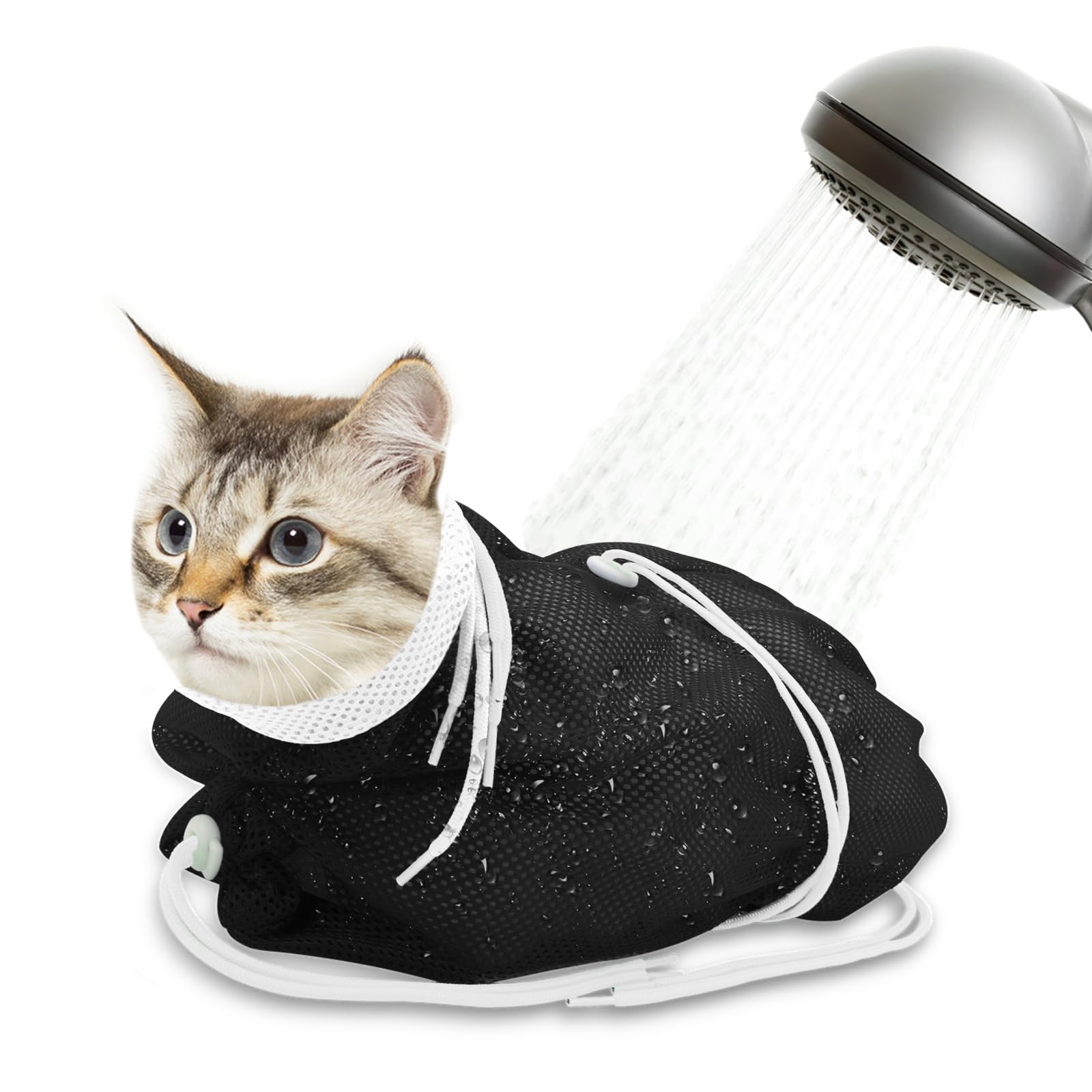 Photo 1 of Catcan Cat Bathing Bag, Breathable Mesh Cat Shower Bag Anti Scratch Adjustable Cat Grooming Bag for Nail Trimming, Bathing Polyester Soft Cat Washing Bag (White- Black)