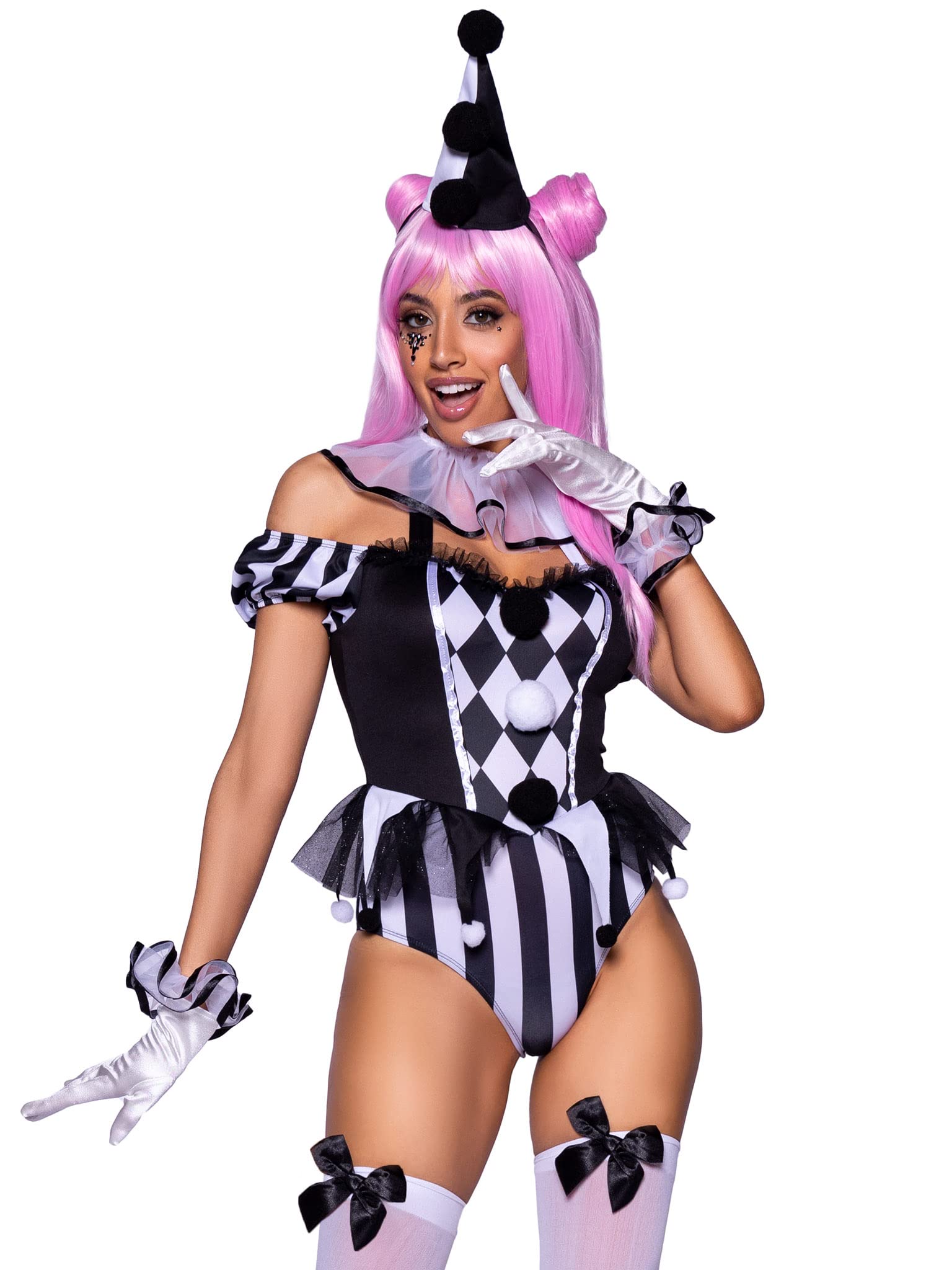 Leg Avenue Women's 4 Pc Captivating Circus Clown with Snap Crotch Bodysuit With Neck Ruffle, Wrist Ruffles, Hat Headband
