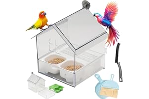Pull-Out External Parrot Feeder, Hanging No Mess Bird Feeder for Cage with Two Food Slots, Decorative Transparent Bird Bath T