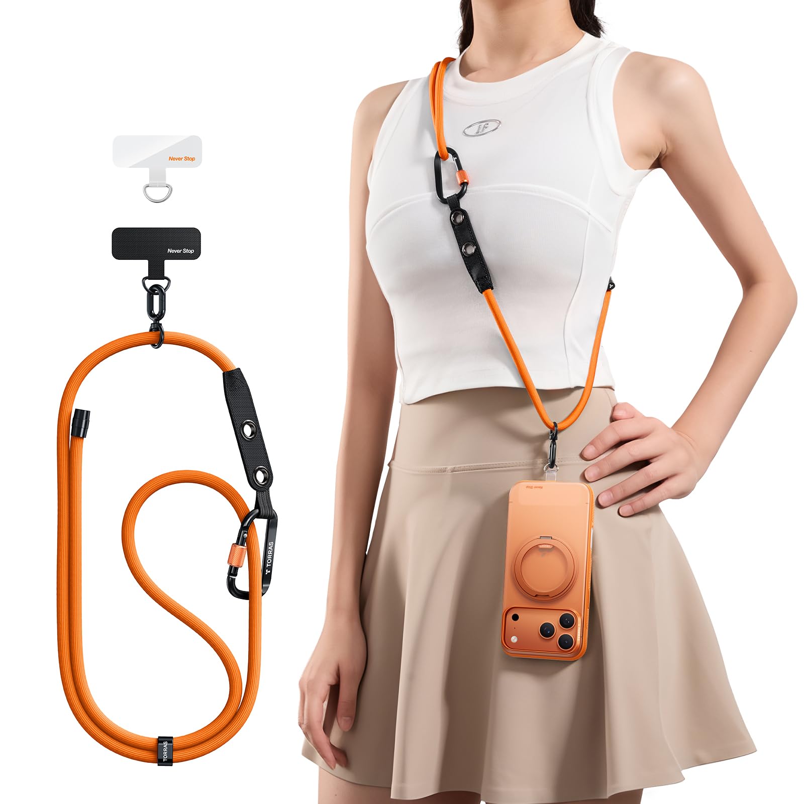 Photo 1 of TORRAS Phone Lanyard with Hanging Loops, Durable Carabiner, Adjustable Anti Theft Phone Strap Crossbody, Skin-Friendly, 2 Tabs, Universal Cell Phone Neck Lanyard for Daily & Outdoor Activities, Orange