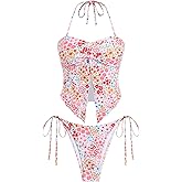 ZAFUL Floral Twist Bikini Set for Women Halter Tankini Tie Side String Swimsuit Two Piece Bathing Suit
