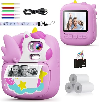 CAMCLID Kids Camera Instant Print Purple with 32GB Card 1080P Video