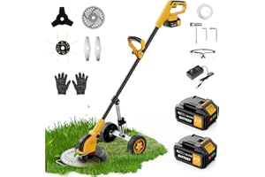 REFFMOV 12-inch Electric Weed Wacker Cordless on Wheels, 21V 2 * 3000mAh Weed Eater Battery Powered,Cordless String Trimmer with Brushless Motor,Grass Trimmer and Brush Cutter with 4 Types of Blades for Lawn