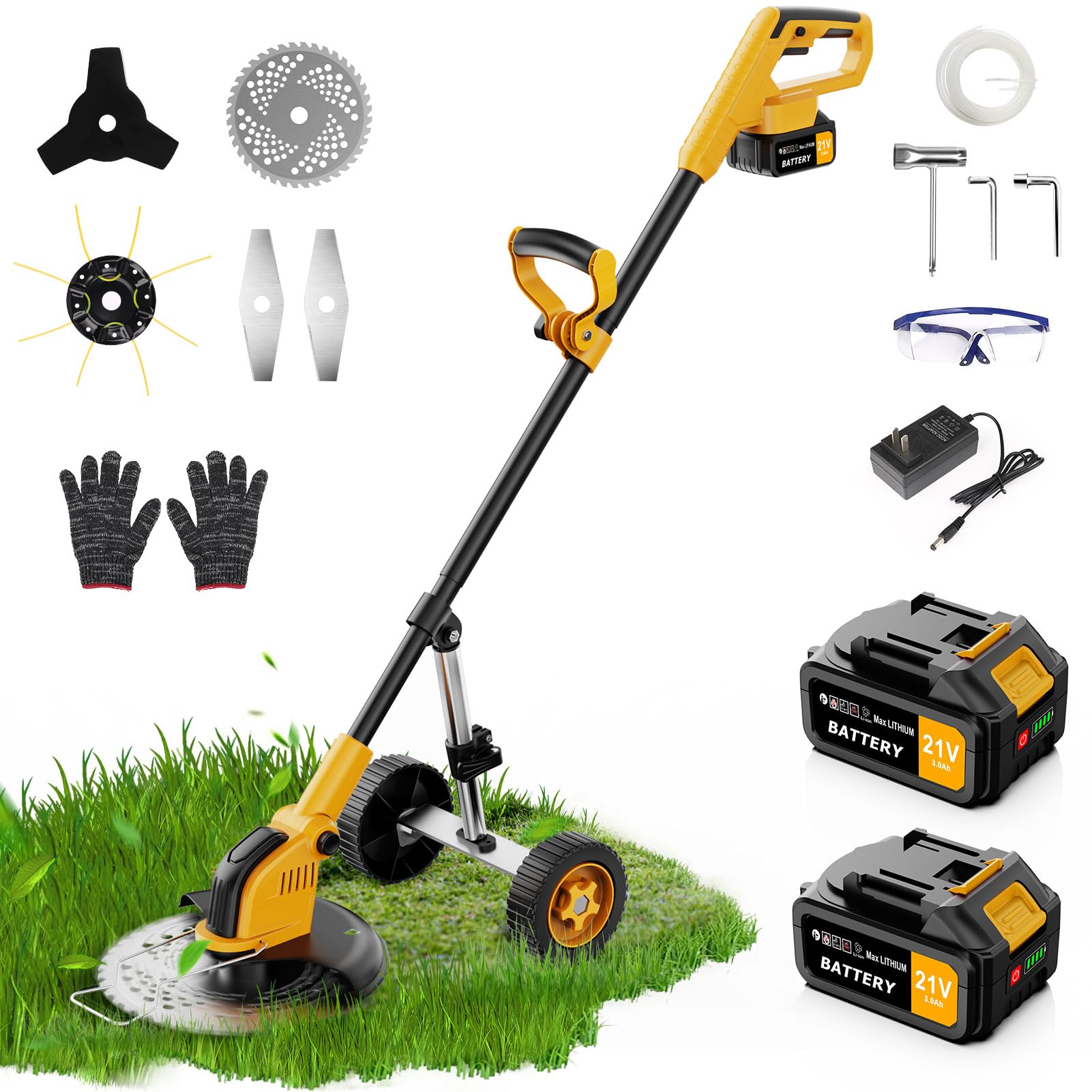 Photo 1 of ***missing charger***12-inch Electric Weed Wacker Cordless on Wheels, 21V 2 * 3000mAh Weed Eater Battery Powered,Cordless String Trimmer with Brushless Motor,Grass Trimmer and Brush Cutter with 4 Types of Blades for Lawn