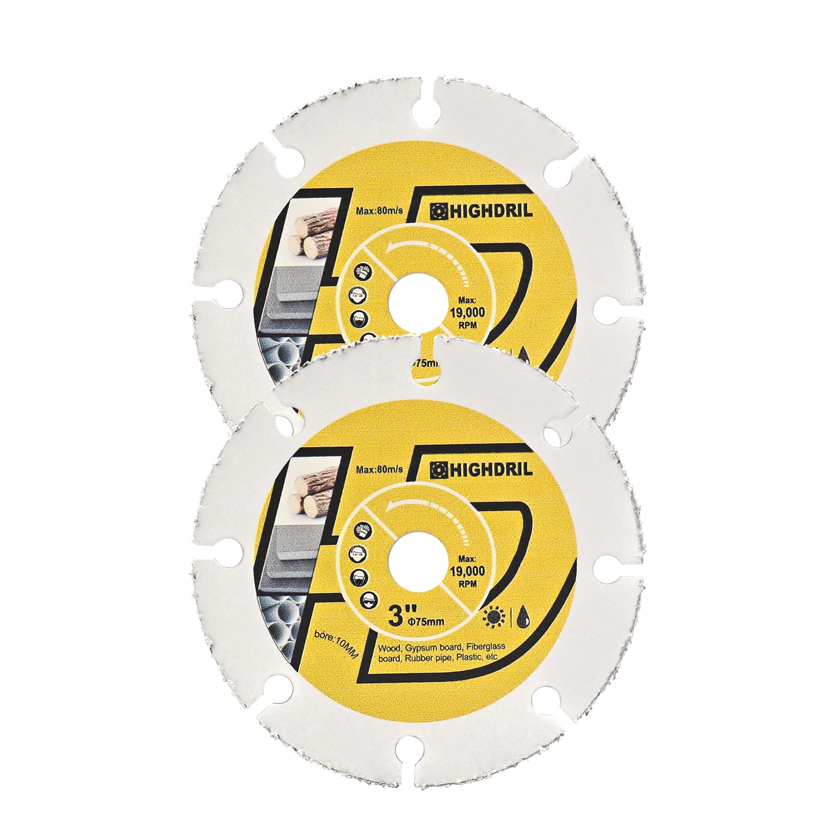 HIGHDRIL 2PCS 3Inch Circular Cutting Disc - Carbide Wood Cutting Disc with Arbor 10MM for Wood, Gypsum Board, Fiberglass, Rubber Pipe, Plastic, Cement Residue