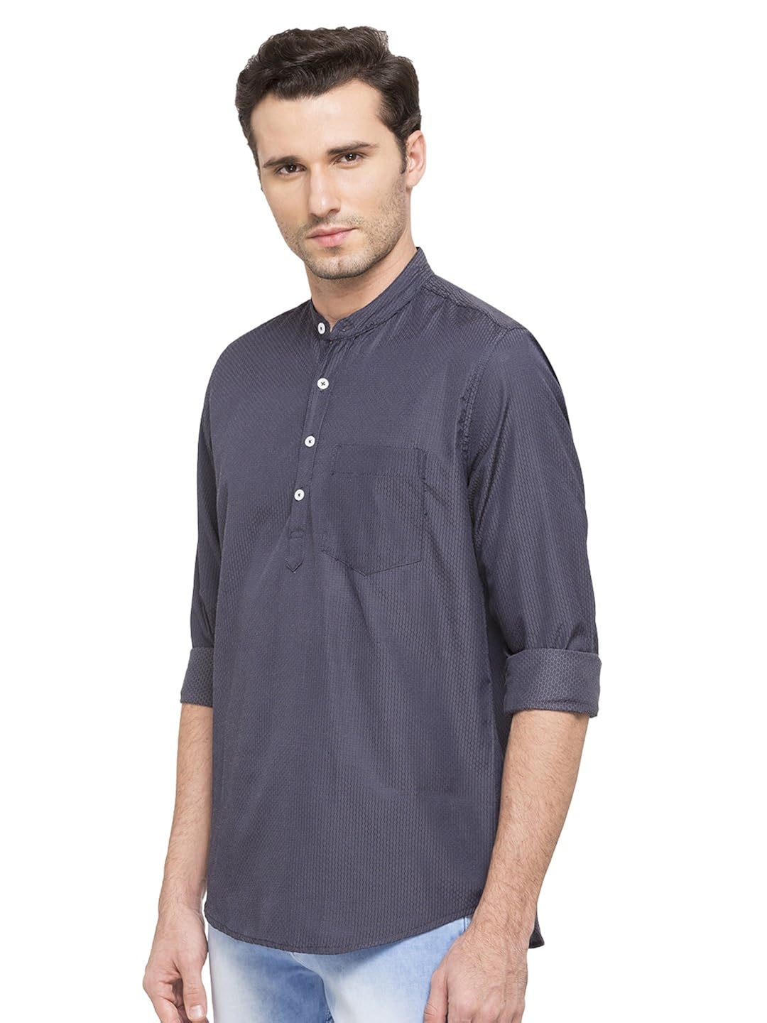 nick&jess men's ethnic wear : navy blue dobby short kurta shirt