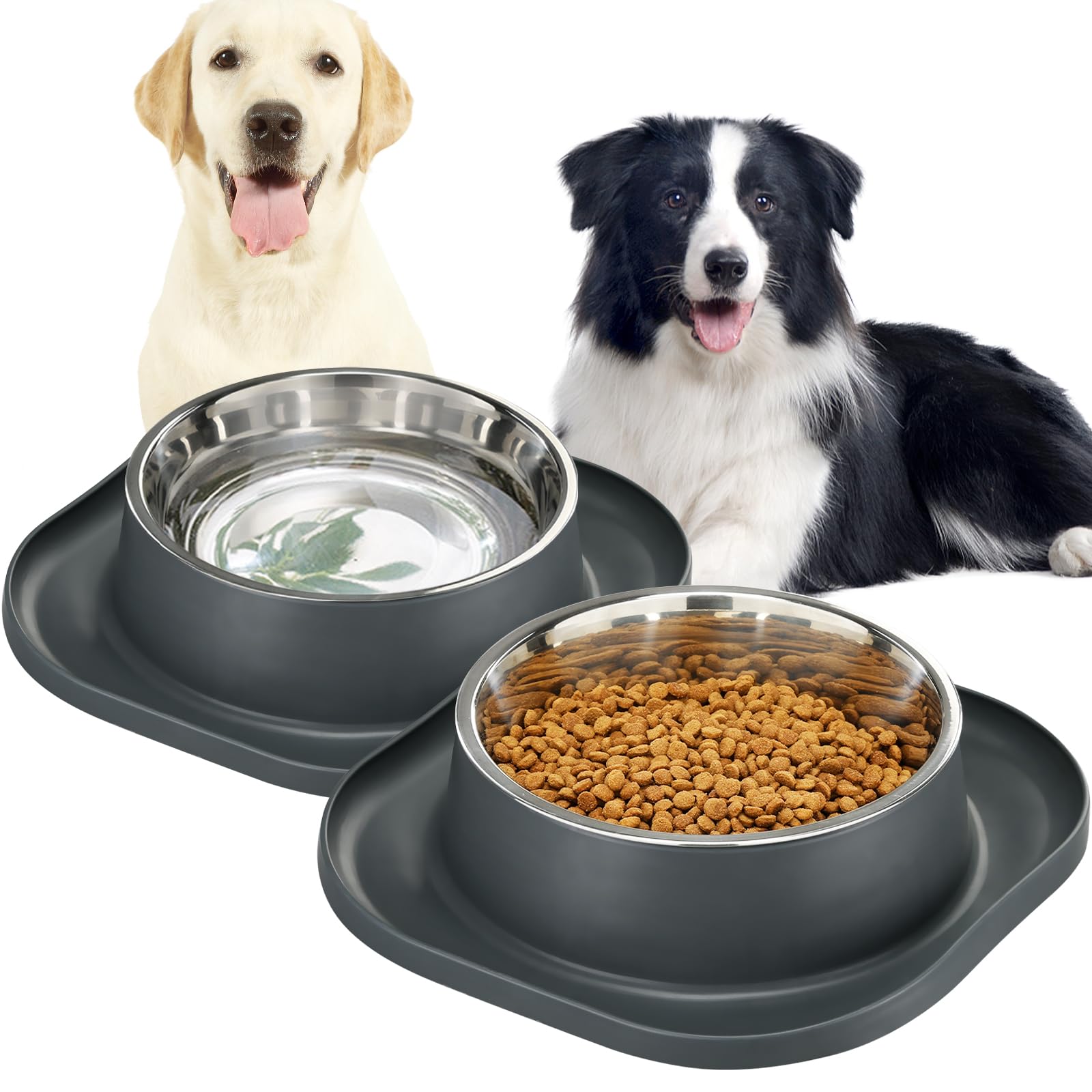Photo 1 of 2PACK Large Stainless Steel Dog Bowls, 7 Cup Water & Food Bowl with Anti-Skid Rubber Base for Large Pet, Metal Bowl Spill Proof Dog Dish with Silicone Feeding Mat for Dry and Wet Foods, Grey