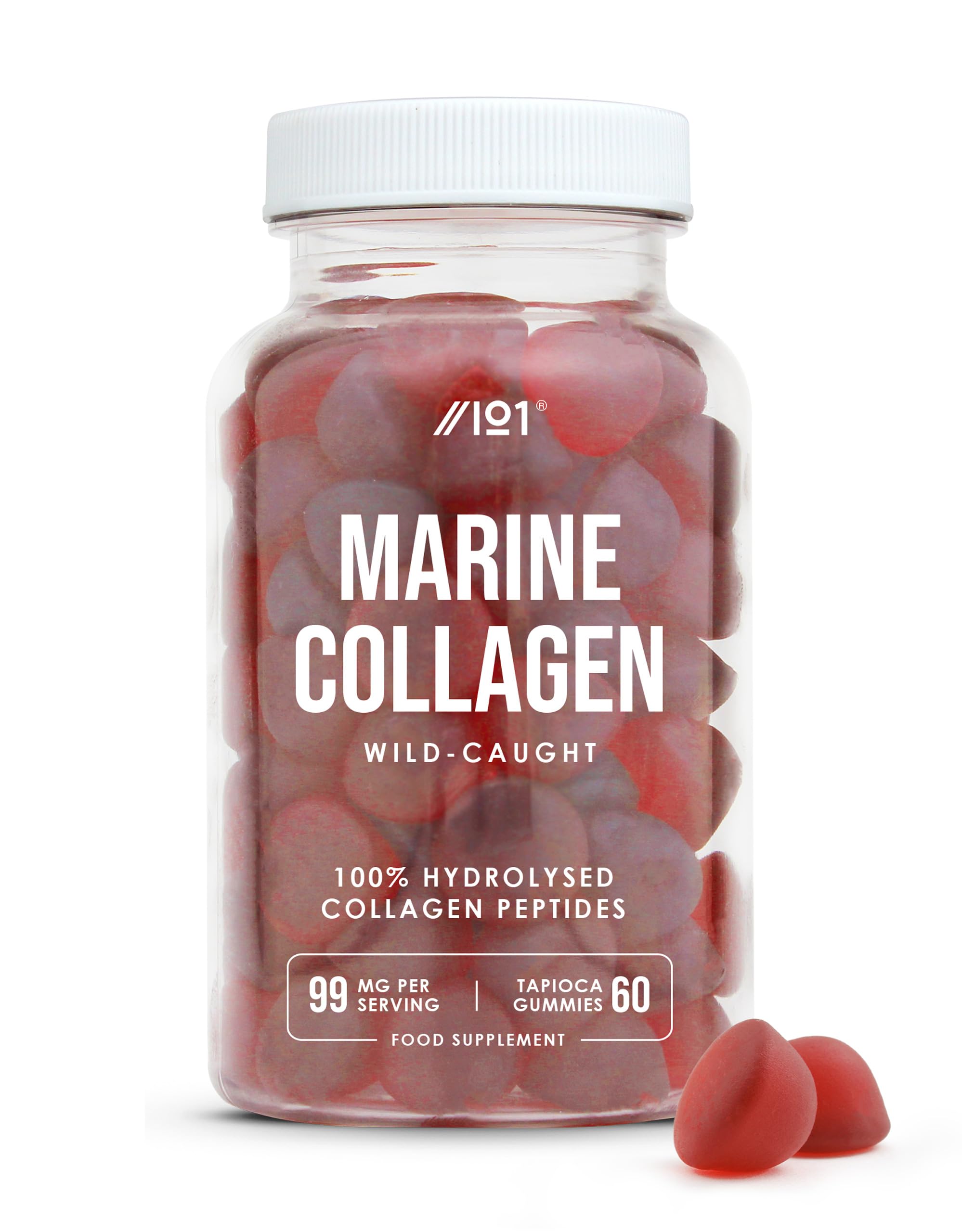 Marine Collagen Gummies - Wild-Caught Marine - Tapioca Based - High Potency Hydrolysed Marine Collagen Gummies - Type 1 Hydrolysed Collagen - Strawberry Flavour - 60 Gummies.