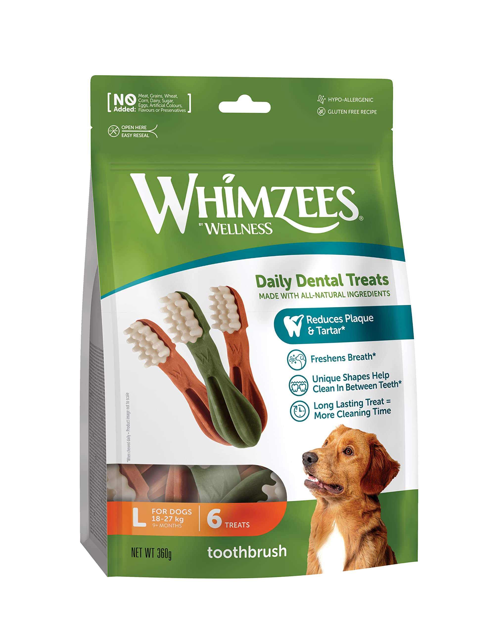 WHIMZEES Toothbrush L, 6 Pieces – Dog Dental Stix, Size L, Dog Dental Sticks for Large Breeds, Natural and Grain Free, Rawhide-Free, Vegetarian, No Added Sugar