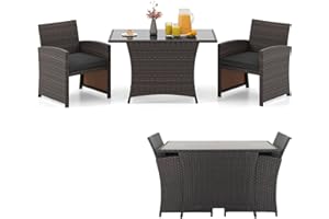 Tangkula 3 Piece Patio Wicker Dining Set, 2 Rattan Chairs with Rectangle Tempered Glass Dining Table, Outdoor Conversation Set with Cushions for Backyard, Porch, Poolside