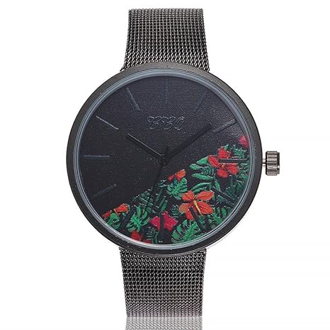 Uhren DELLIN Uhren Damen Beiläufige Stahlstreifen Quarz Edelstahl-Band-Marmorband-Uhr-analoge Armbanduhr (E)