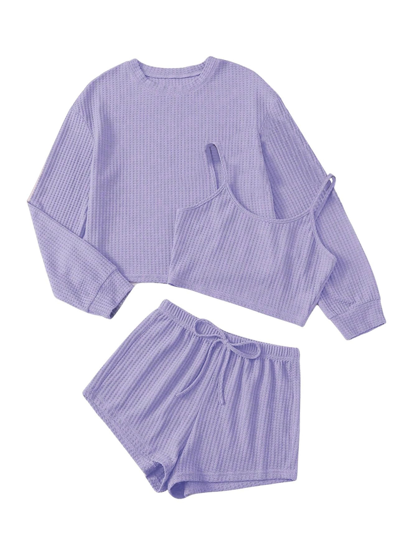 Photo 1 of COZYEASE Women's 3 Piece Lounge Sets Ribbed Knit Cami Top Long Sleeve Tee Shirts and Shorts Pajama Sets Lilac Purple Large
