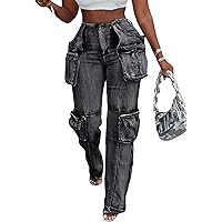 Women's Dressy Casual Slim Fit Cargo Jeans Zip Side Slit Denim