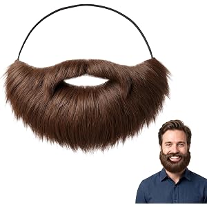 Brown Fake Beard, Fake Mustache with Elastic Band No Glue Realistic Facial Hair Costume Beard for Adults Makeup Cosplay Party