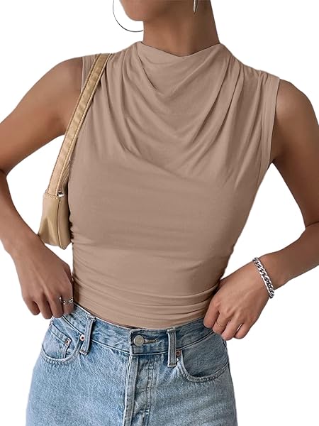 SOFIA’S CHOICE WOMEN’S SEXY SLEEVELESS MOCK NECK CROP TANK TOP SIDE RUCHED SLIM FIT SHIRT KHAKI MEDIUM