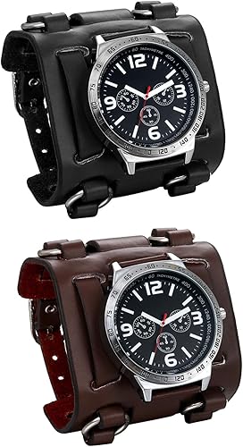 Jewelrywe Reloj de pulsera Hombre Chicos Marron/Brazalete ancho de cuero negro