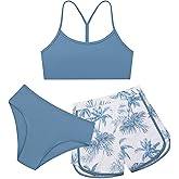 Weixinbuy Girls 3 Piece Swimsuit Bathing Suits Solid Bikini Set with Printed Sports Shorts Swimwear for 9-16Y Teen Girls