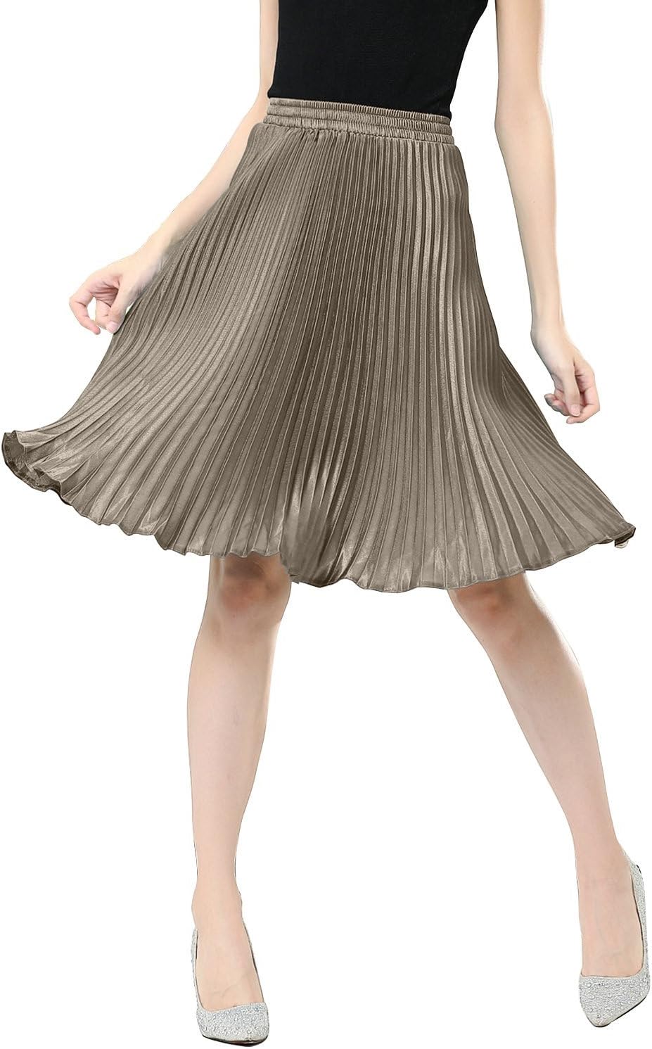 Relaxfeel Spring and Summer Metallic Luster Shiny Vintage Pleated Skirt